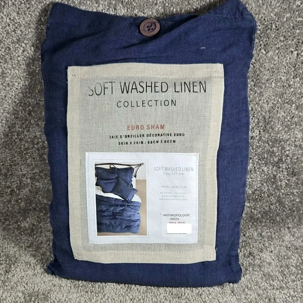 Anthropologie Euro Sham Navy Blue Soft Washed Linen Square 26x26